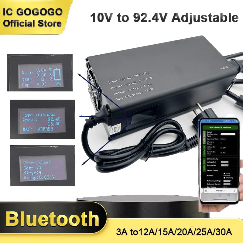 10V to 92.4V 3A - 30A Voltage Adjustable Lithium Battery Charger 24V 48V 60V 72V 84V 15A 20A 25A Li-ion Lifepo4 LFP Bluetooth